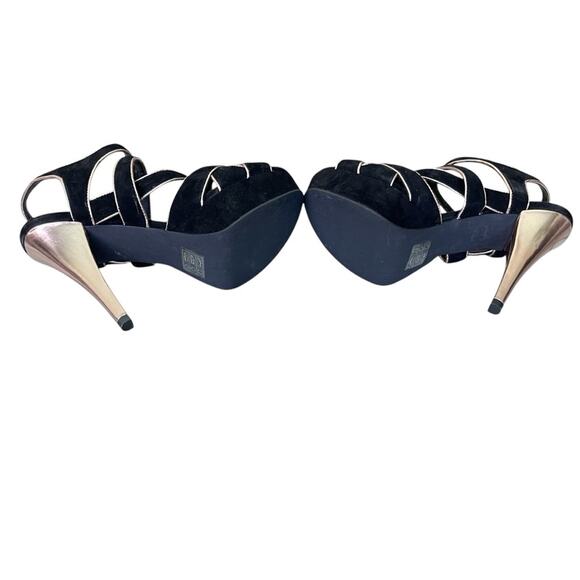 Lulu Townsend High Heeled Faux Suede Strappy Platform Sandals Black Gold 6 M - Picture 5 of 8